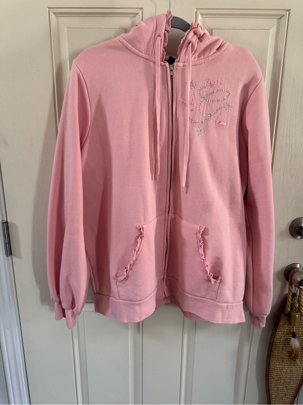 Girls' Light Pink Hooded Zip Sweatshirt with Rhinestone Accent